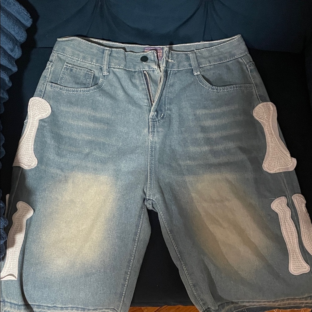 Kapital Blue Jean Shorts with White Accents